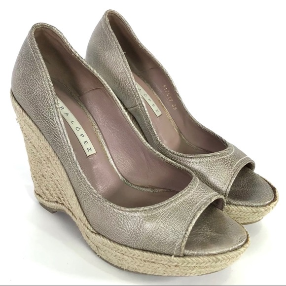 Pura Lopez Metallic Leather Open Toe Espadrille Platform Wedge size 39 - Picture 2 of 10